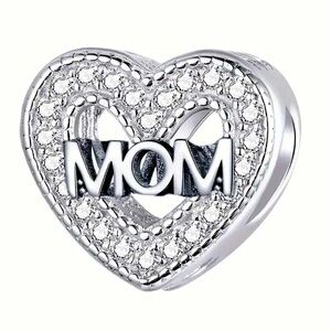 silver and crystal heart mom charm for bracelet or necklace NWT